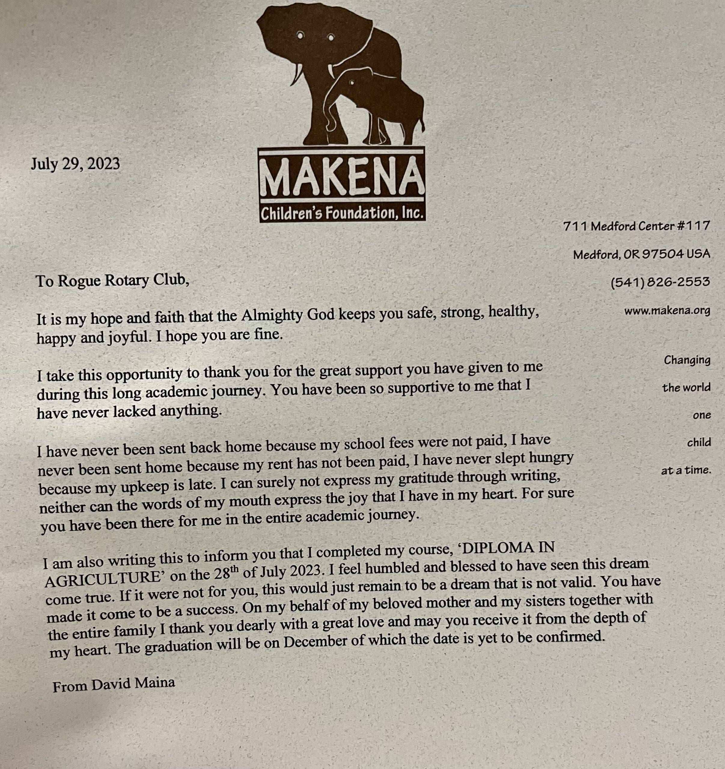 Letter from David Maina
